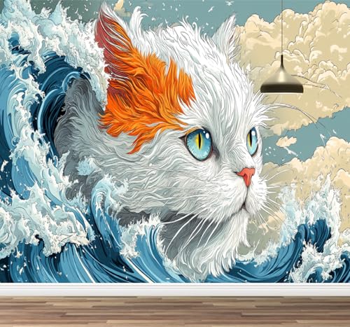 Katze Tier Tapete zum Aufkleben und Abziehen Welle Blau groß Wandbild Wandaufkleber für Wohnzimmer Schlafzimmer TV und Sofa Hintergrund Kinderzimmer 200x140cm von Kuletkear
