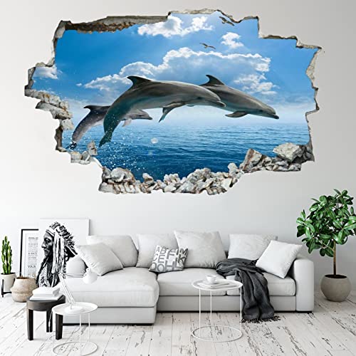 Kuletkear 3D Wandtattoo Durchbruch Wandaufkleber für Kinderzimmer Wandtattoos für Wohnzimmer Delfin B 113 x H 75 cm Wandsticker Wandbild Junge Mädchen Schlafzimmer von Kuletkear