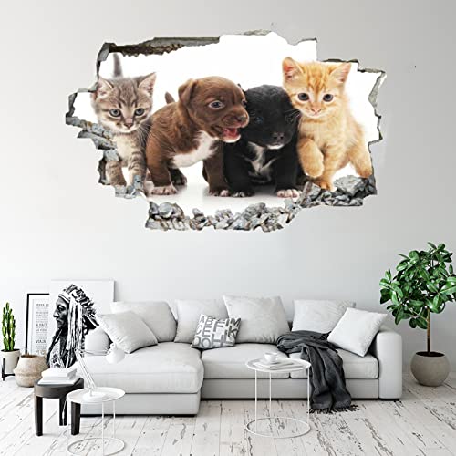 Kuletkear 3D Wandtattoo Wandaufkleber Tier Katze Hund B 120 x H 80 cm Wandsticker Wanddeko Wandbilder für Wohnzimmer Schlafzimmer Badezimmer Flur Küche Möbel Aufkleber von Kuletkear