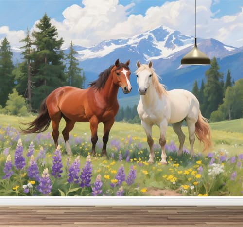 Kuletkear Pferd Tier Abnehmbare Wandbildtapete Grasland Baum Gebirge Posterpapier selbstklebend Wasserdicht für Wohnzimmer Schlafzimmer Büro Kinderzimmer Dekor 450x320cm von Kuletkear