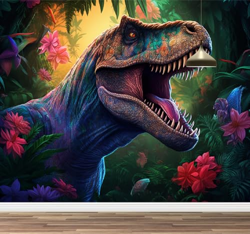 Kuletkear Wandbild Dinosaurier Wandtapete Abziehbar Tropische Blumen Dekoration für Wohnzimmer Schlafzimmer TV Hintergrund Kinderzimmer Mädchenzimmer Dekoration 400x280cm von Kuletkear