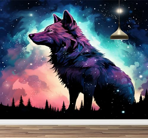Kuletkear Wandbild Wolf Tier Wandtapete Abziehbar Waldnachtszene Dekoration für Wohnzimmer Schlafzimmer TV Hintergrund Kinderzimmer Mädchenzimmer Dekoration 400x280cm von Kuletkear