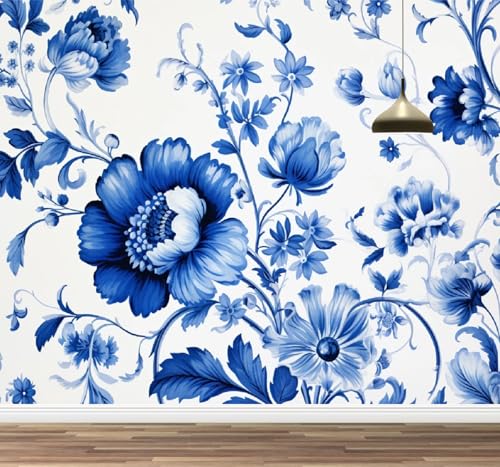 Kuletkear Wandbild zum Abziehen und Aufkleben Blumenblau Selbstklebende Tapete Anlage Abnehmbarer großer Aufkleber Wasserdicht Wanddekoration Druckbild Bilddesign 350x245cm von Kuletkear
