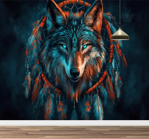 Kuletkear Wolf Tier Abnehmbare Wandtapete Selbstklebend Traumfänger groß für Wände Wohnzimmer Schlafzimmer TV-Hintergrund Kinderzimmer Mädchenzimmer Dekoration 450x320cm von Kuletkear