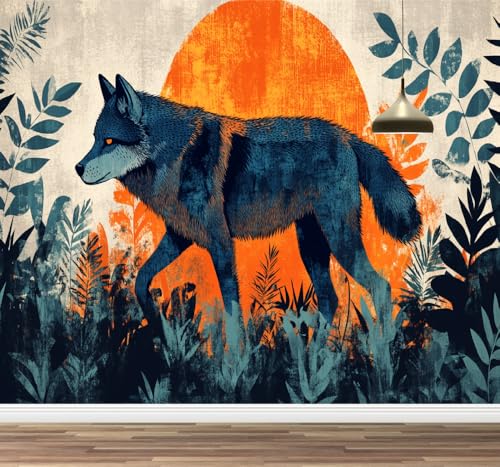 Kuletkear Wolf Tier Wandtapete für Schlafzimmer Tropische Pflanzen Wandaufkleber Wasserfest Selbstklebend groß Poster Papier für Wohnzimmer Kinderzimmer TV-Hintergrund 249x175cm von Kuletkear