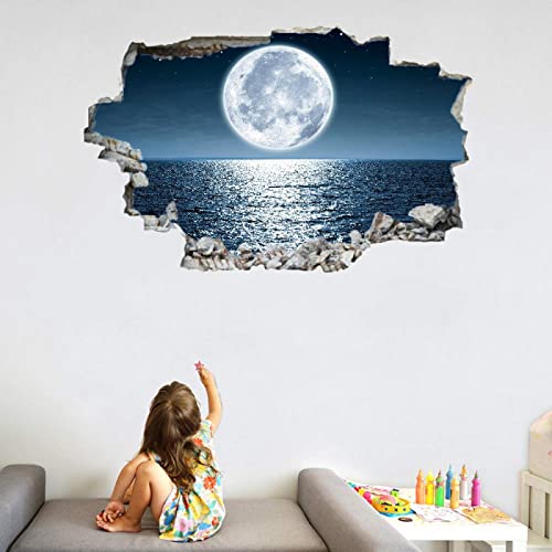 Mond 3D Wandtattoo Wanddurchbruch Wandaufkleber, Meer Wandsticker Wanddeko Wandbilder, Nachtlandschaft Abnehmbare Vinyl Wand Aufkleberfür Wohnzimmer Schlafzimmer Badezimmer Flur Küche Möbel Aufkleber von Kuletkear