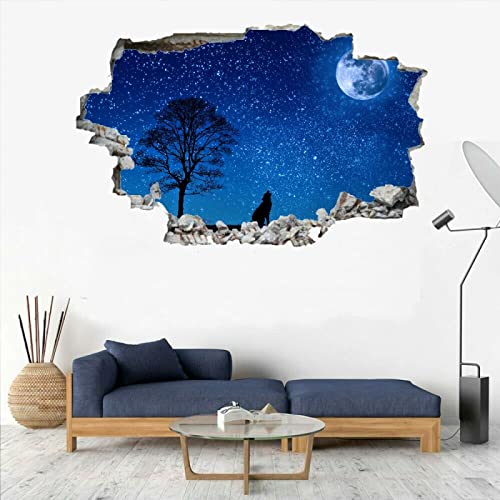 Mond Wandsticker 3D Durchbruch Wolf Wandtattoo kinderzimmer Deko B 120 x H 80 cm Wand Aufkleber Wanddurchbruch Wandsticker Wandbild für Junge Mädchen Teenager Zimmer Wohnzimmer Schlafzimmer von Kuletkear