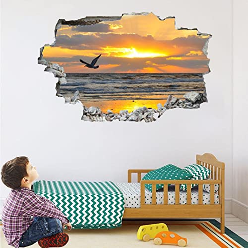 Sonnenaufgang 3D Wanddurchbruch Wandtattoo Strand Mädchen Wandaufkleber Möwen Junge Wandsticker Wanddeko Selbstklebend Vinyl Wandbild für Wohnzimmer Schlafzimmer Flur Kühlschrank von Kuletkear