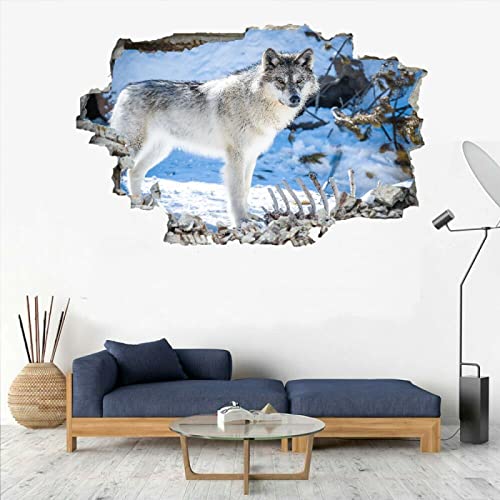 Wolf 3D Wanddurchbruch Wandtattoo Tier Mädchen Wandaufkleber B 75 x H 50 cm Junge Wandsticker Wanddeko Selbstklebend Vinyl Wandbild für Wohnzimmer Schlafzimmer Flur Kühlschrank von Kuletkear