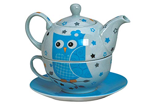 Tea for One Set mit blauer Eule (Kanne & Tasse & Untertasse) von Kultaroma TEE & KAFFEE SPEZIALITÄTEN