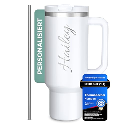Kumpani Personalisierter Thermobecher mit Gravur – 1180ml Tumbler mit Henkel, Deckel & Strohhalm – Geschenk mit Name oder Logo für Frauen, Männer, Kollegen & Mitarbeiter – BPA-frei & isoliert von Kumpani