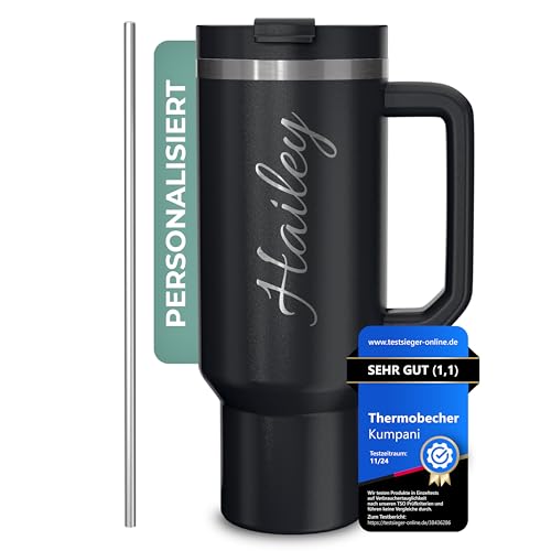 Kumpani Personalisierter Thermobecher mit Gravur – 1180ml Tumbler mit Henkel, Deckel & Strohhalm – Geschenk mit Name oder Logo für Frauen, Männer, Kollegen & Mitarbeiter – BPA-frei & isoliert von Kumpani