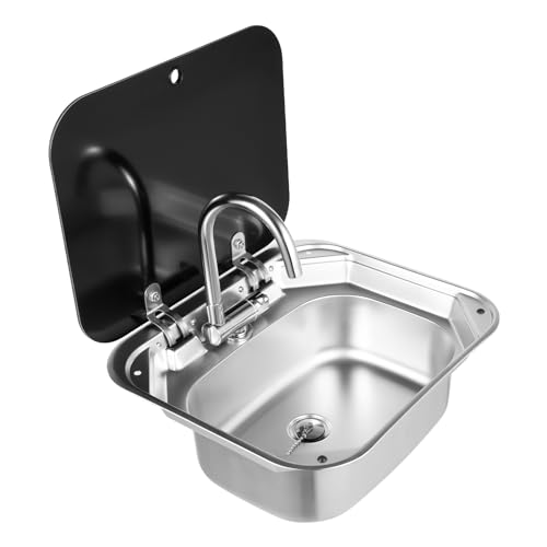Wohnwagen Waschbecken Set, RV Camping Spüle Bausatz RV Wohnmobil Spülbecken Edelstahl mit Wasserhahn,RV Handwaschbecken rechteckig mit Deckel für Kompatibel RV Camper Wohnmobil von KumuJ