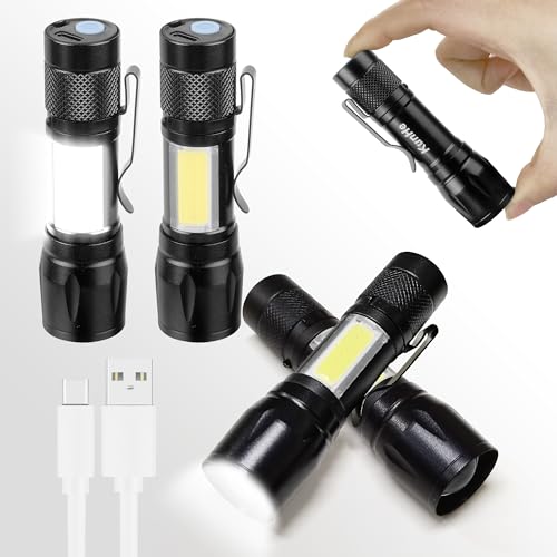 KunHeTaschenlampe LED Aufladbar USB-C Kleine Taschenlampe mit COB Seitenlicht und Clip 300 Lumen 500 mAh Zoombare Mini Handlampe für Camping Notfall Geschenk für Männer Handwerker, 4 Stück von KunHe