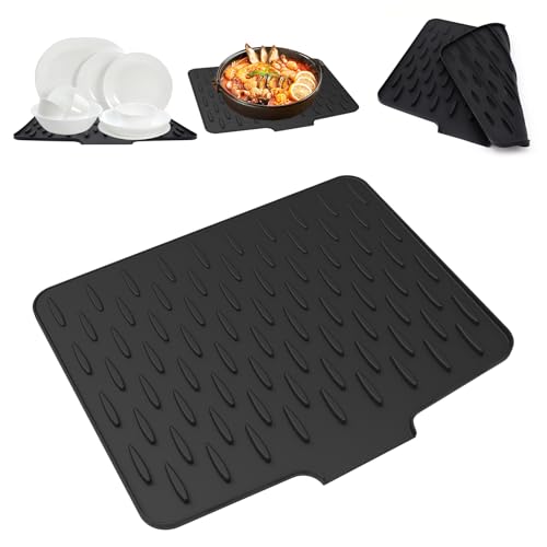 Silikon Abtropfmatte Geschirr Abtropfmatte Spüle Groß und Klein, Hitzebeständige Rutschfeste Küche Spülmatte Abtropfschale für Spüle (40 x 32.5 cm, Schwarz) von Kunaxku