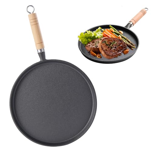 Kunaxku Gusseisenpfanne Induktion Grillpfanne, Cast Iron Pan Gusspfanne mit Holzgriff, Runde Pfanne Gusseisen, Kleine Steakpfanne Gusseisen Bratpfanne für Gasgrill, Gas, Camping Outdoor Kochen (26CM) von Kunaxku
