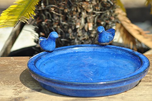 Vogeltränke mit zwei kleinen Vögelchen,rund,blau glasiert,30cm von Kunert-Keramik