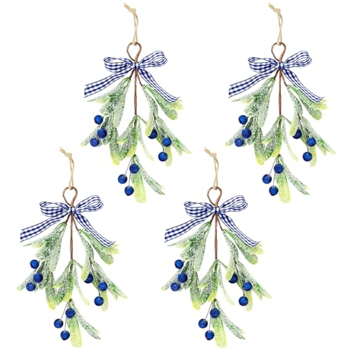 Kunjocy 4 Stück Künstliche Mistelzweige mit Beeren und Band Faux Mistelzweig Hängende Ornament Weihnachtsbaum Ornamente für Kränze Girlanden Fenster Party Dekor (Blau) von Kunjocy