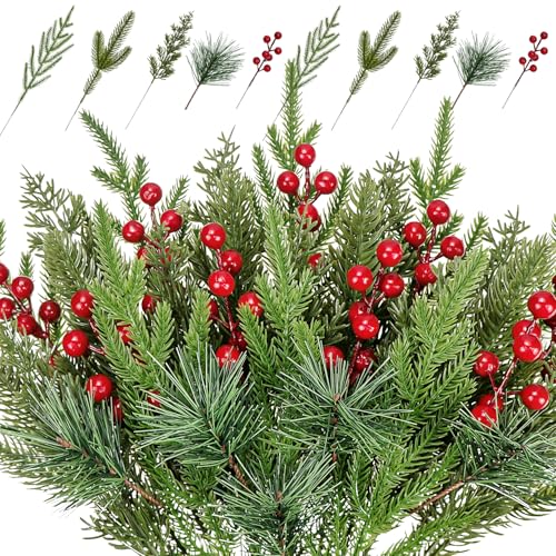 45 Stück Weihnachts-Tannenzweige, Stechpalmenbeeren, Sprays, künstliche Norfolk-Kieferstiele, Zedernblätter, künstliche rote Beeren, Grünpflanzen, für Weihnachtsbaum, Vasenfüller, Winter, DIY-Kranz von Kunjocy