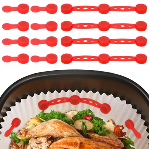8 Stück Airfryer Magnete für Backpapier, Silikon Magnete Schnalle für Heißluftfritteuse, 4 Silikonstreifen 8 Schnallen, Festhalten Von Pergamentpapier, Wiederverwendbare Airfryer Zubehör (Rot) von Kunoli