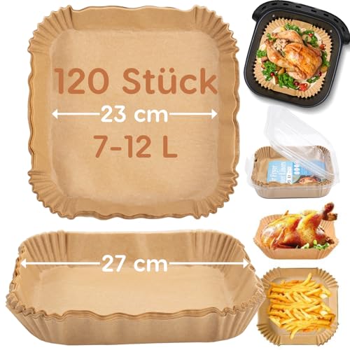 Airfryer Backpapier für Heißluftfritteuse, 120 Stück 7L-12L 23-27cm Quadrat Airfryer Papier Zubehör Antihaft Wasserdicht Ölfest, mit COSORI Philips Ninja Tefal Russell Hobbs Princess Cecotec XXL von Kunoli