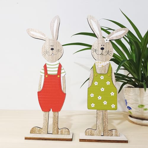 Osterdeko Holz Hasen Deko 2 Stücke 25cm, Tischdeko Ostern Deko Modern, Bunny Easter Decoration, Häschen Desktop Innen Außen Rustikale Ostern Frühling Dekoration, Dekoration zu Ostern für Drinnen von Kunoli