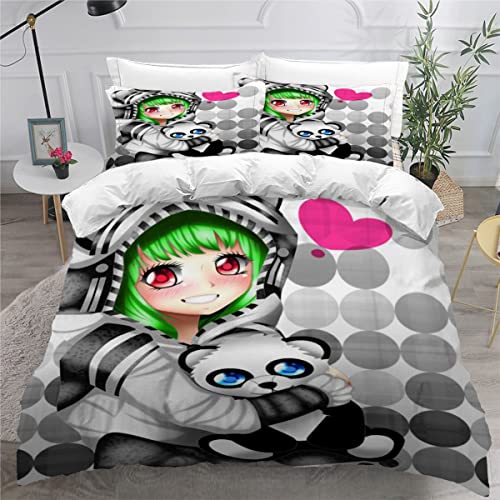 Bettwäsche 135x200 Kinder Anime Bettwäsche-Set 3D Druck Jungen Mädchen Panda-Mädchen Bettbezug mit Reißverschluss Weich Mikrofaser Kinderbettwäsche Bettbezüge mit 2 Kissenbezug 80x80cm von Kunovo