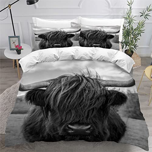 Kunovo Bettwäsche 155x220 Highland Cow schwarz 3 teilig Bettwäsche-Set Teenager Bettbezug 155x220 mit Reißverschluss Sommer Leicht Mikrofaser Betten Set Bettbezüge mit 2 Kissenbezug 80x80cm von Kunovo