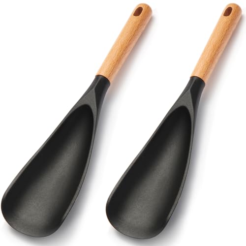 Silikon-Kochlöffel für antihaftbeschichtetes Kochgeschirr – Küchenlöffel mit Holzgriff zum Mischen, Wenden, Schaben und Servieren – hitzebeständiger Spatel zum Backen, Rühren (29 cm, Schwarz, 2 Stück) von Kunovo
