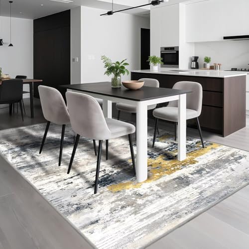 Kunsen Anti-Rutsch Teppich Für Esszimmer 200X300Cm Grau Gelb, Kurzflor Abstraktes Design Für Wohnzimmer, Schlafzimmer, Flur von Kunsen