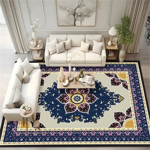 Kunsen Anti Rutsch Teppich Wohnzimmer Kamin Blau Waschbares, Retro-florales Muster für das und Schlafzimmer von Erwachsenen 60x90CM deko von Kunsen