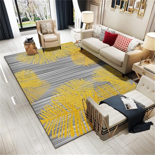 Kunsen Dekoration Teenager Mädchen Zimmer küche teppichvorleger Goldfarbenes Grau Leicht zu pflegende Blattmuster für Wohnzimmer und Flur 110x240CM Teppich büro von Kunsen