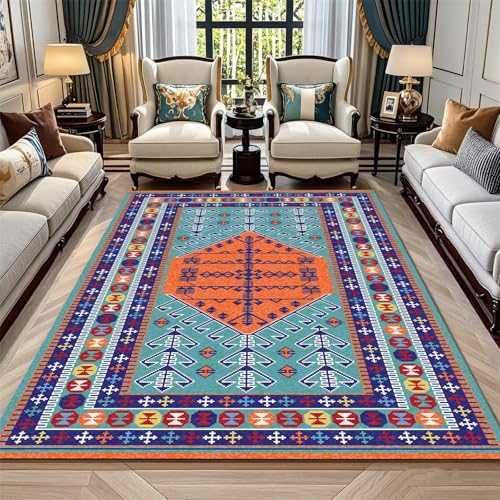Kunsen Designer Teppich Wohnzimmer 200X260CM Blau rutschfest Waschbar Schmutzfangmatte Grosser Boden-Staubmatte mit orangefarbenem Ethno-Print-Design von Kunsen