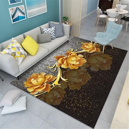 Kunsen Heimmatte 60X90CM Gelb Graubraunes rutschfestes und schmutzabweisendes Blumenmuster für Flure Schlafzimmer Nachttisch Teppich Eingangsbereich von Kunsen