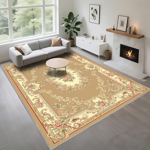 Kunsen Nicht Verformt Teppiche Für Wohnzimmer 120X180Cm Khaki Gelb, Kuschelig Weich Vintage Blumen Für Schlafzimmer Arbeitszimmer Flur von Kunsen