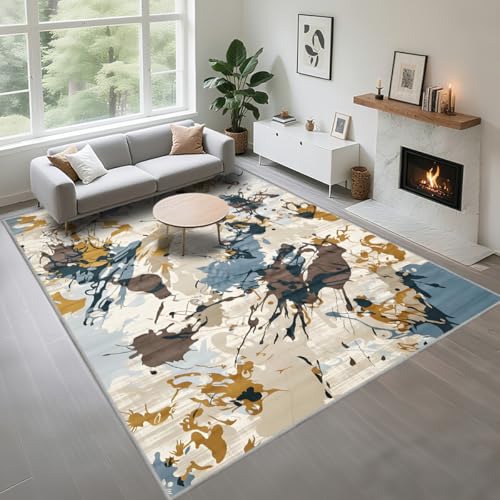 Kunsen Pflegeleicht Aesthetic Teppich 170X230Cm Braun Blau, Kuschelig Weich Abstrakte Tintenmalereien Werden Im Wohnzimmer Und Im Esszimmer Verwendet von Kunsen