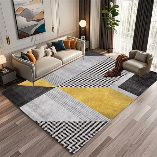 Kunsen Schlafzimmers Kinderteppich 180X230CM grau Hübscher Teppich Wohnzimmer Teppichs Großer Gelbe und Schwarze verschleißfeste Fußmatten mit modernem geometrischem Muster von Kunsen