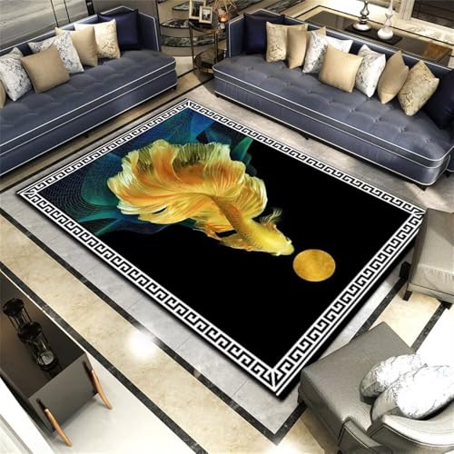 Kunsen Spielmatte 130X190CM Schwarz Gelbe waschbare Wohnzimmerdekoration mit chinesischem Druckmuster Hallway Rug Teppich Design von Kunsen
