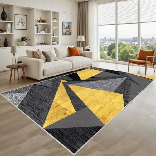 Kunsen Staubdicht Teppich Für Wohnzimmer Schwarz Grau Gelb 80X120Cm, Kurzflor Moderne Geometrie Für Esszimmer Teenager-Schlafzimmer von Kunsen