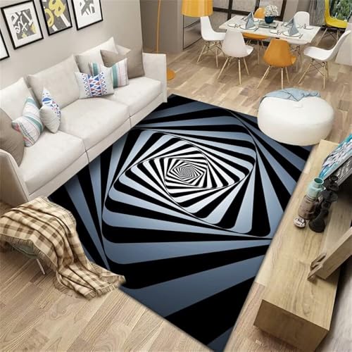 Kunsen Teppich Bett 180X230CM Blau Waschbares Schlafzimmer mit schwarzem abstraktem Streifenmuster Eppich Wohnzimmer bettvorleger von Kunsen