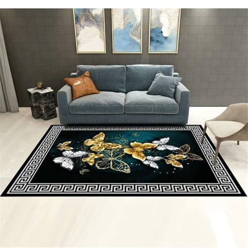Kunsen Teppich Eingang 120X200CM Schwarz Waschbare Wohnzimmerdekoration mit grünem und goldenem Schmetterlingsmuster Teppiche Waschbar Kinderteppich von Kunsen