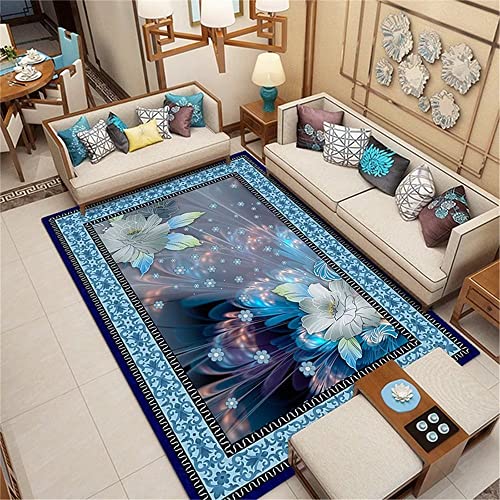 Kunsen Teppich Für Schlafzimmer Teppich Wohnzimmer Wohnzimmer Teppich Blaue Blumen Abstraktes Retro-Muster Haltbarer Teppich Wasch Bar 140X200Cm Area Rugs Blau von Kunsen