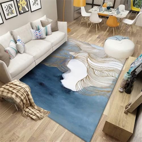 Kunsen Teppich Mädchen Jugendzimmer 160X200CM Blau Weiches und langlebiges Nachttischchen im modernen Streifendesign Kinderteppich Waschbar Kinderzimmer Maedchen von Kunsen