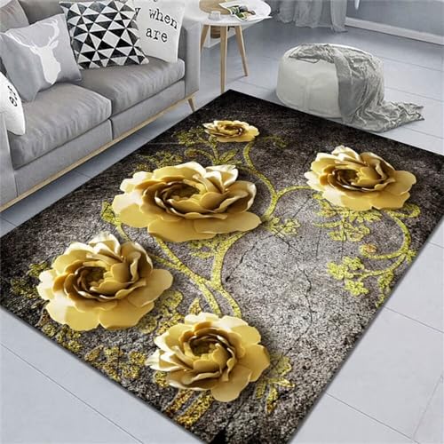 Kunsen Teppich Schlafzimmer Room Decor Teenager Gelbe Blume grau Grundfarbe Wohnzimmer Teppich rechteckig weich und bequem antirutsch Teppich 60X90CM von Kunsen