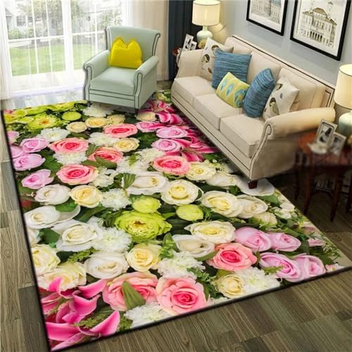 Kunsen Teppich Schlafzimmer dekoartikel Mädchenzimmerteppich rosa gelbes Blumenmuster super weich bequem leicht zu reinigen sitzecke küche 160X200CM von Kunsen