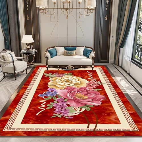 Kunsen Teppich Waschbar 100X120CM Rot Small Bedroom Rug Kinder Mädchen Kleine Waschbarer Nachttisch mit schönem Blumenmuster von Kunsen