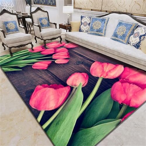 Kunsen Teppich bürostuhl geeignetbalkondekorationeinfach zu säubernGrüne Blätter rosa rote Blumen rechteckig Wohnzimmer Teppich super weich bequem langlebigbalkon Teppich 160x230cm von Kunsen