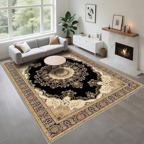 Kunsen Verschleißfest Teppich Wohnzimmer 80X160Cm Schwarz, Gelb, Blau, Kurzflor Vintage Blumen Für Schlafzimmer Esszimmer Flur Kunsen Verschleißfest Teppich Wohnzimmer 80X160Cm Schwarz, Gelb, Blau, Kurzflor Vintage Blumen Für Schlafzimmer Esszimmer Flur von Kunsen