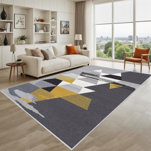 Kunsen Waschbar Rugs for Living Room Grau Gelb 80X160Cm Kurzflor Moderne Linien Werden Für Büroflure Verwendet von Kunsen