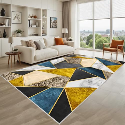 Kunsen Waschbar Tepiche Für Wohnzimmer Gelb, Blau 120X160Cm Kurzflor Moderne Geometrie Für Das Vestibül Im Jungenzimmer von Kunsen